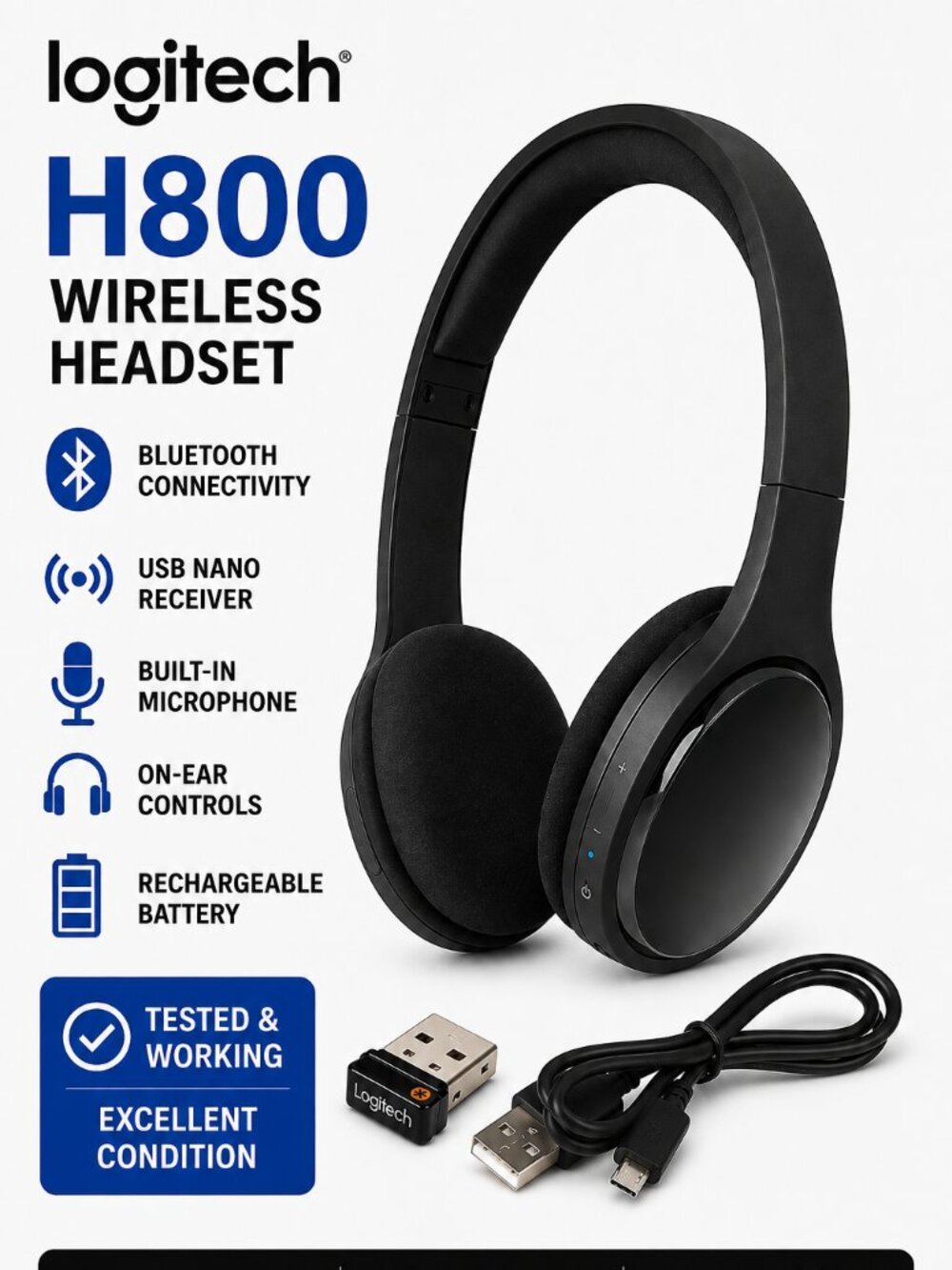 Logitech H800 Wireless Bluetooth Headset USB Receiver Mic Black